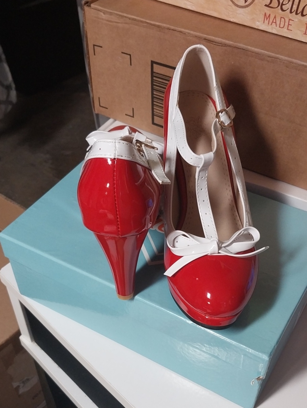 Patent Red T-Strap Heels with White Bow Accent